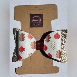 Boutique Custom Made Faux Leather Fall Design with Gold Metallic Accent Hair Bow